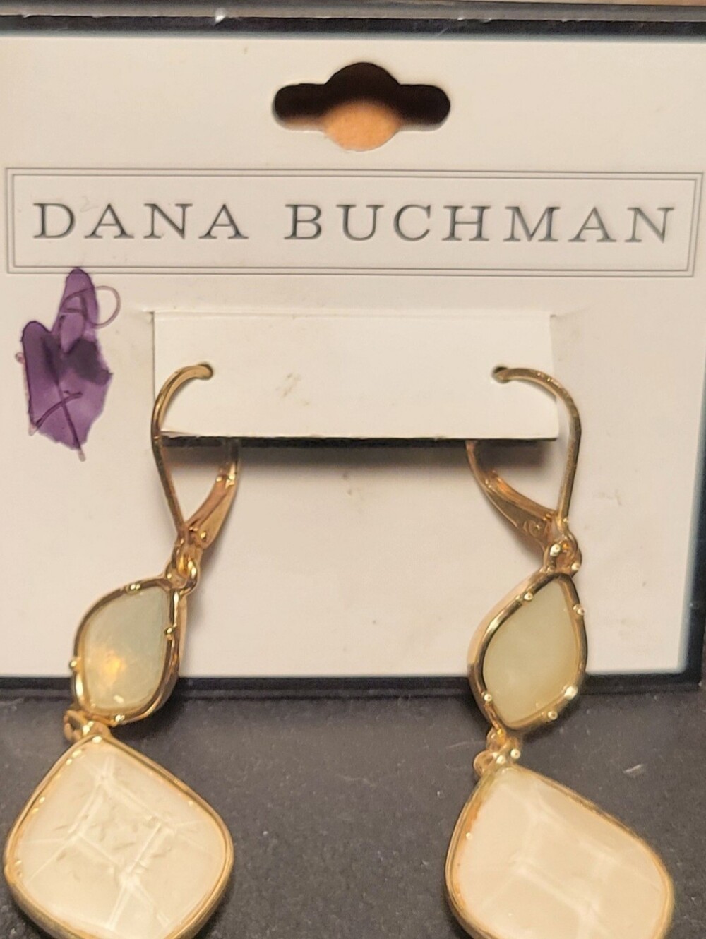Dana Buchman Reversible Drop Dangle Earrings Gold Tone Cream Enamel Quilted NWT
